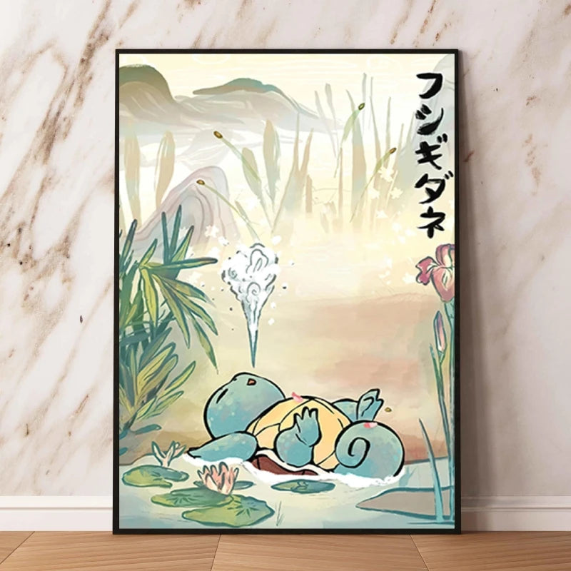 Japanese Anime Pokémon Canvas Wall Art – Pikachu, Charmander & Eevee Watercolor Poster Print Home Decor