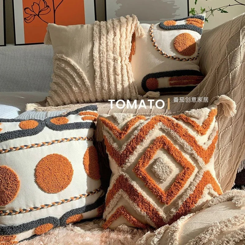 Boho Embroidered Throw Pillow Cover - Geometric Tassel Cushion Cover for Sofa, Living Room & Home Decor