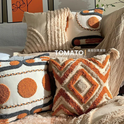 Boho Embroidered Throw Pillow Cover - Geometric Tassel Cushion Cover for Sofa, Living Room & Home Decor