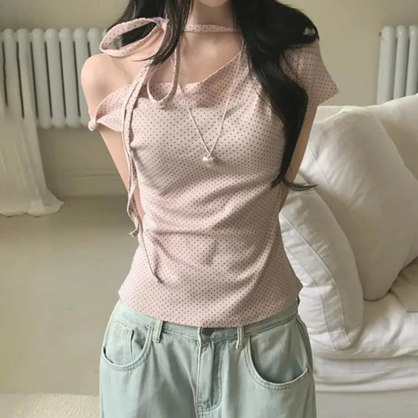 Women’s Sweet Polka Dot One Shoulder T-Shirt Korean Style Slim Fit Summer Casual Office Top