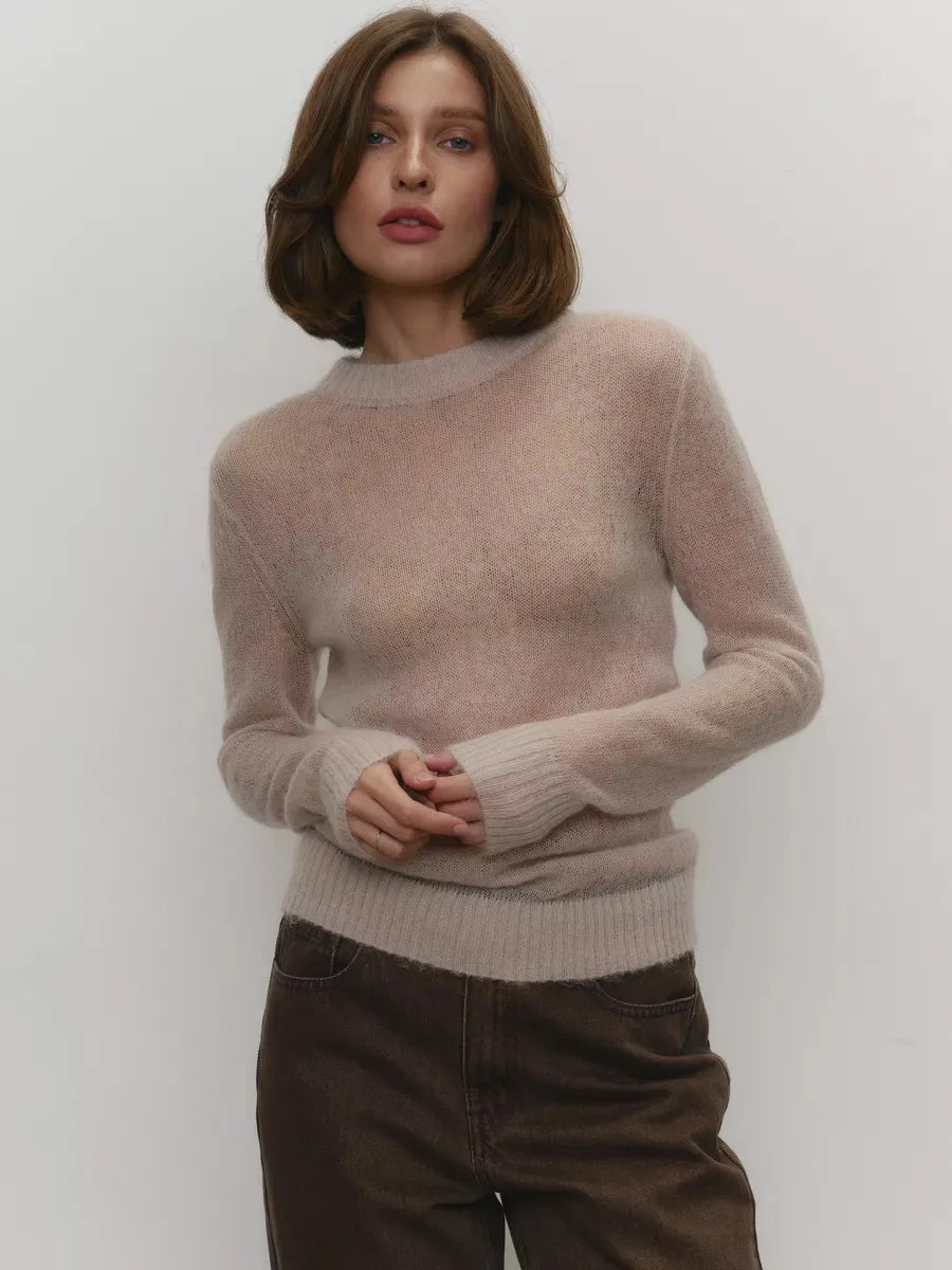 Women’s Classic Mohair Knitted Sweater Top Spring Summer Loose O-Neck Micro Sheer Cool Knit Shirt