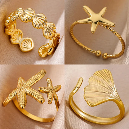 Gold Stainless Steel Starfish & Shell Ring – Adjustable Waterproof Beach-Inspired Ring for Women