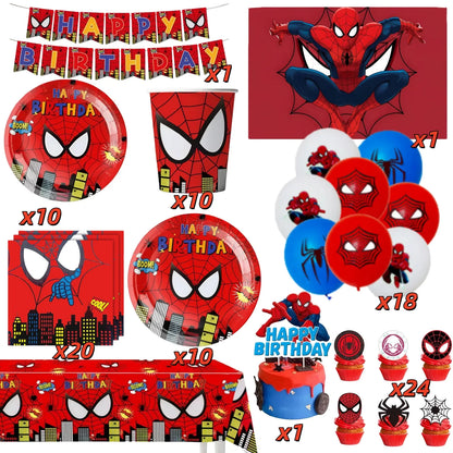 Spider Hero Birthday Party Supplies Set – Kids' Party Tableware Kit with Plates, Cups, Tablecloth, Backdrop, Balloons & Decorations