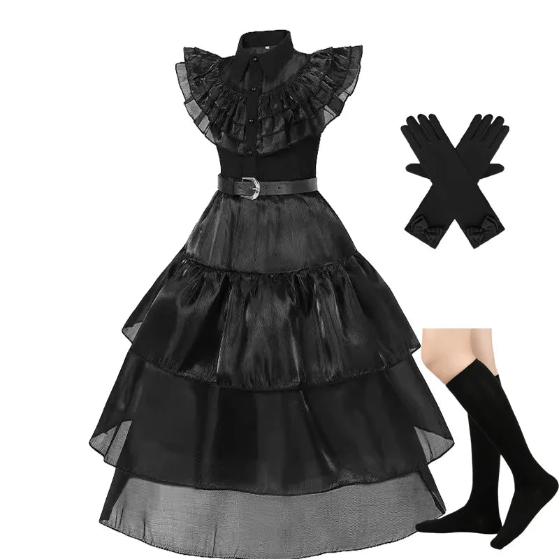 Girls Halloween Cosplay Costume – Black Gothic Fancy Dress Up Outfit (Kids Carnival Costume)