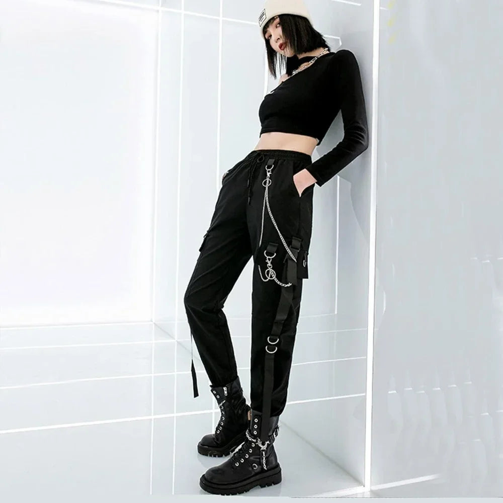 Pantalon Cargo Décontracté Noir pour Femmes Style Coréen Taille Haute Ample Hip Hop Jambe Droite Printemps Automne