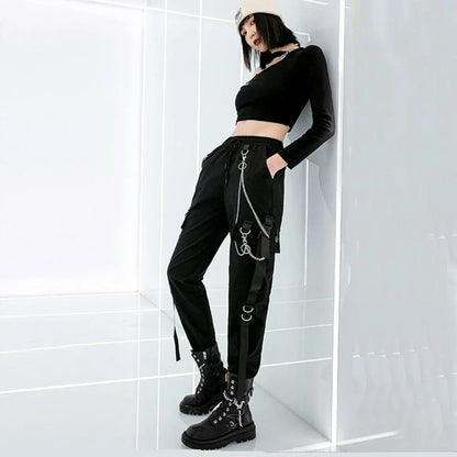 Pantalon Cargo Décontracté Noir pour Femmes Style Coréen Taille Haute Ample Hip Hop Jambe Droite Printemps Automne