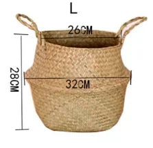 Panier en osier tressé en algues marines, pot de fleurs suspendu en rotin – Panier de rangement tressé naturel pour la lessive, les plantes, l'organisation de la maison et la décoration suspendue WF1015
