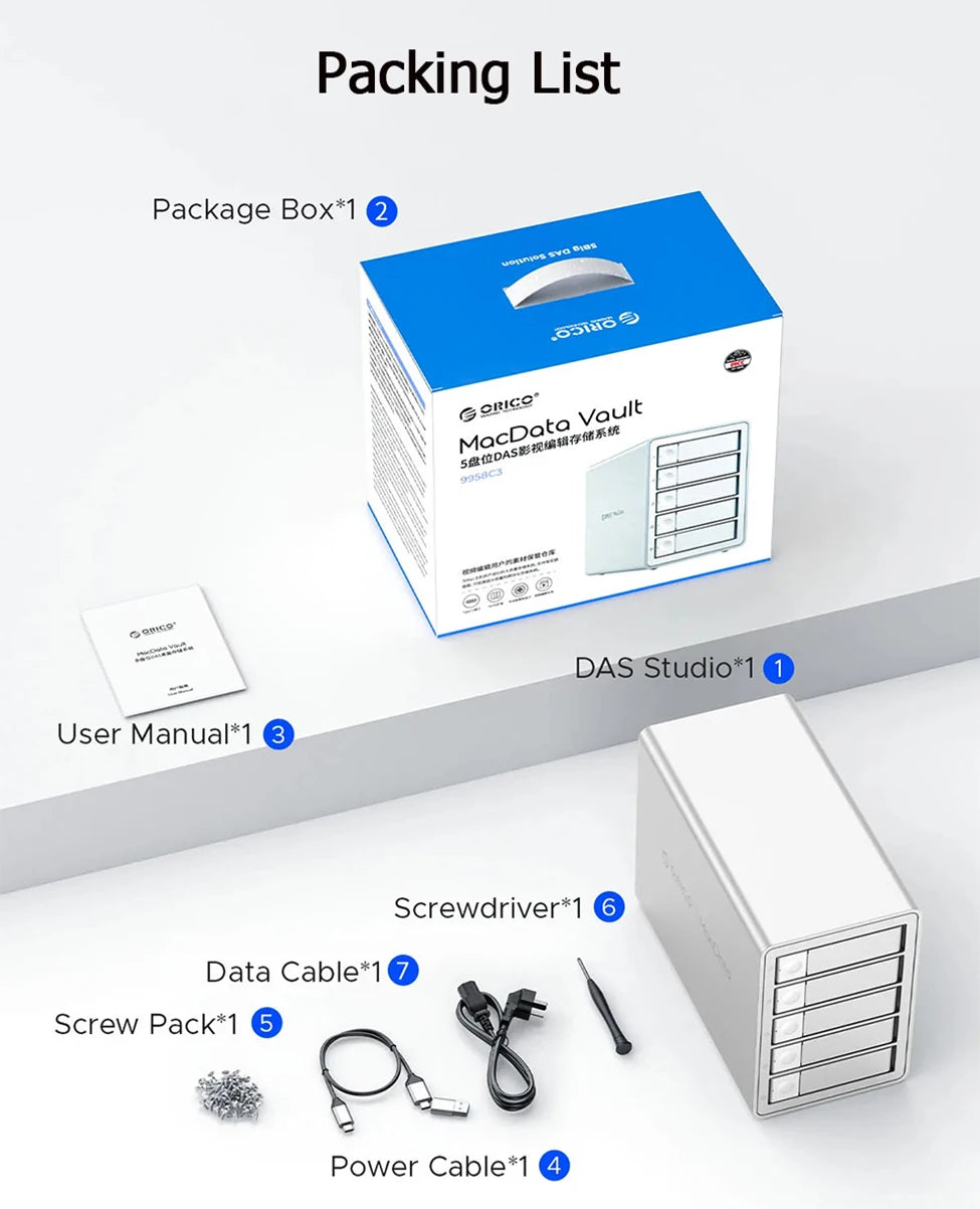 ORICO 4/5 Bay HDD Docking Station – USB 3.2 Type-C 10Gbps SATA Hard Drive Enclosure for 2.5" & 3.5" SSD HDD