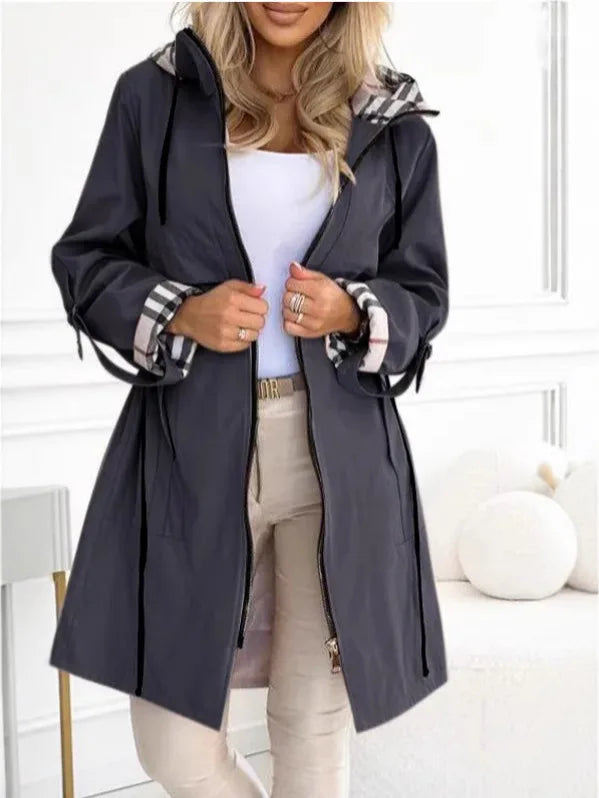 Women’s Hooded Plaid Trench Coat – Long-Sleeve Casual Cardigan Jacket, Solid Color Streetwear Outerwear for Autumn & Winter