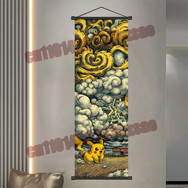 Pokémon Anime Wall Poster – Gengar Eevee Pikachu Scroll Painting Retro Canvas Artwork for Home Decor