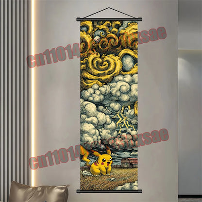 Pokémon Anime Wall Poster – Gengar Eevee Pikachu Scroll Painting Retro Canvas Artwork for Home Decor