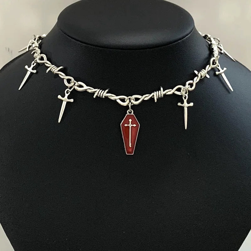 Gothic Bloody Coffin Pendant Choker Necklace – Oil-Drop Vampire Little Thorns Chain, Punk Hip Hop Y2K Jewelry & Alternative Gift