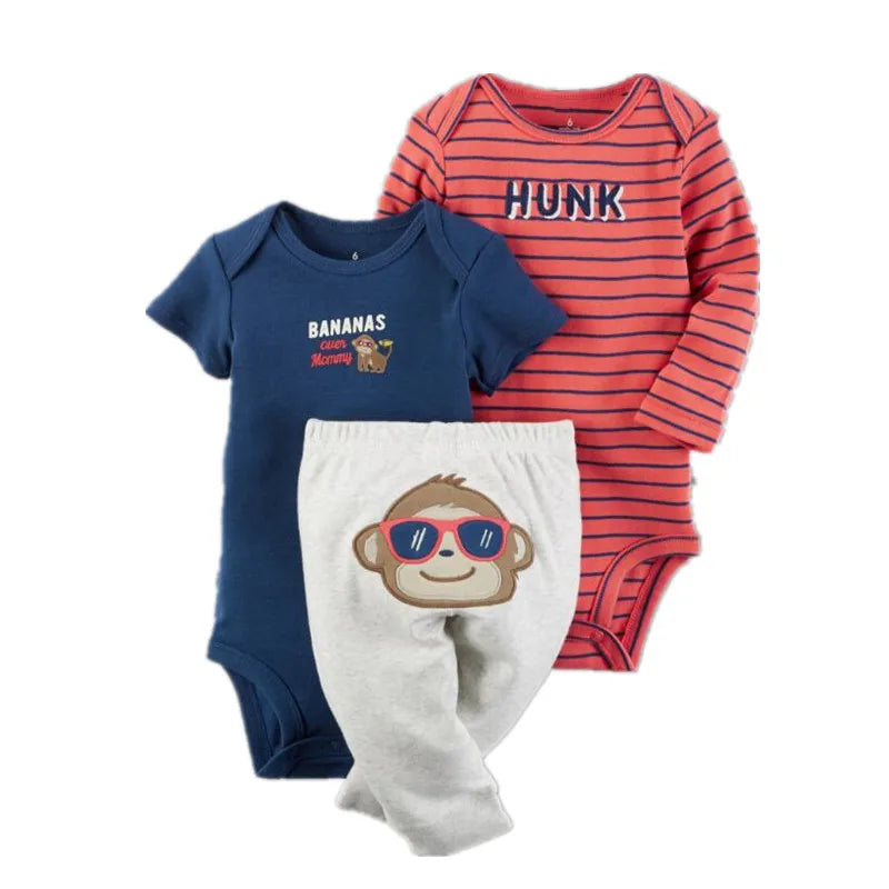 3PCS Baby Bodysuit Set – Soft Cotton Long & Short Sleeve Infant Rompers with Comfortable PP Pants for Baby Boys & Girls