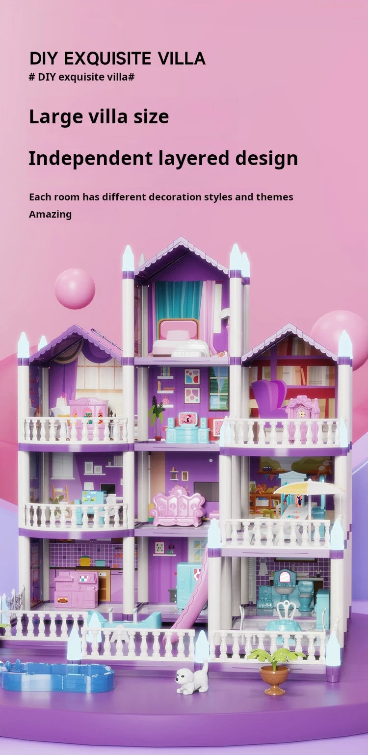 3D DIY Fantasy Princess Castle Villa Assembly Doll House Set – Creative Building Toys for Girls, Home Play & Kids 3D Educational Toy Kit