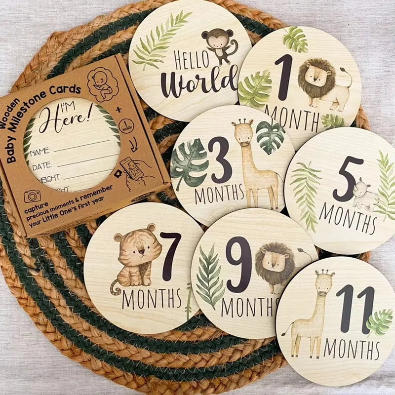 7PCS Newborn Milestone Wooden Cards – Baby Monthly Growth Announcement Props, Baby Shower Gift for Boys & Girls, Pregnancy Photography Accessories for First Year Memories & Photo Sessions