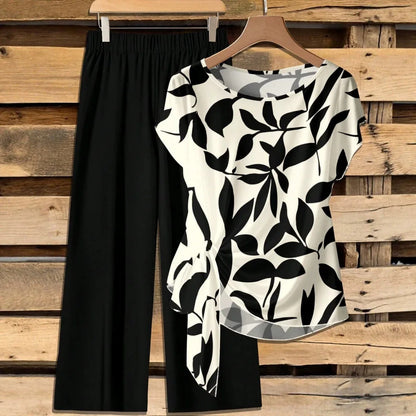 Women's 2-Piece Printed Knot Top & Wide-Leg Pants Set – Round-Neck Short-Sleeve Casual Outfit, Comfortable Polyester Loungewear for All Seasons