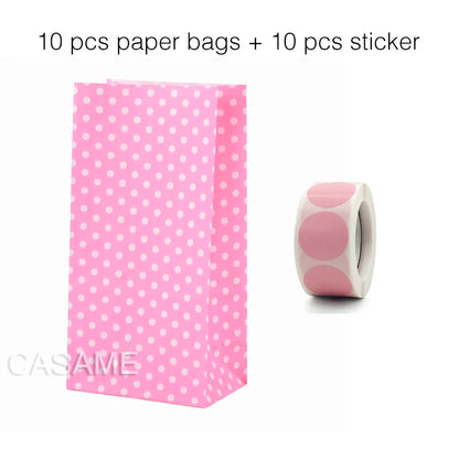 10PCS Stand-Up Colorful Gift Bags with Stickers – Solid, Striped & Polka Dot Treat Bags for Wedding, Birthday & Party Favors (18×9×6cm)