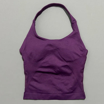 HISTELLO Women’s Seamless Longline Halter Sports Top – Built-in Bra with Removable Cups Yoga & Gym Tank Activewear