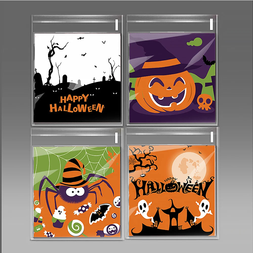 100PCS Halloween Self-Adhesive Treat Bags – Clear Candy & Cookie Packaging Bags for Kids’ Birthday Parties, Party Favors & Gifts