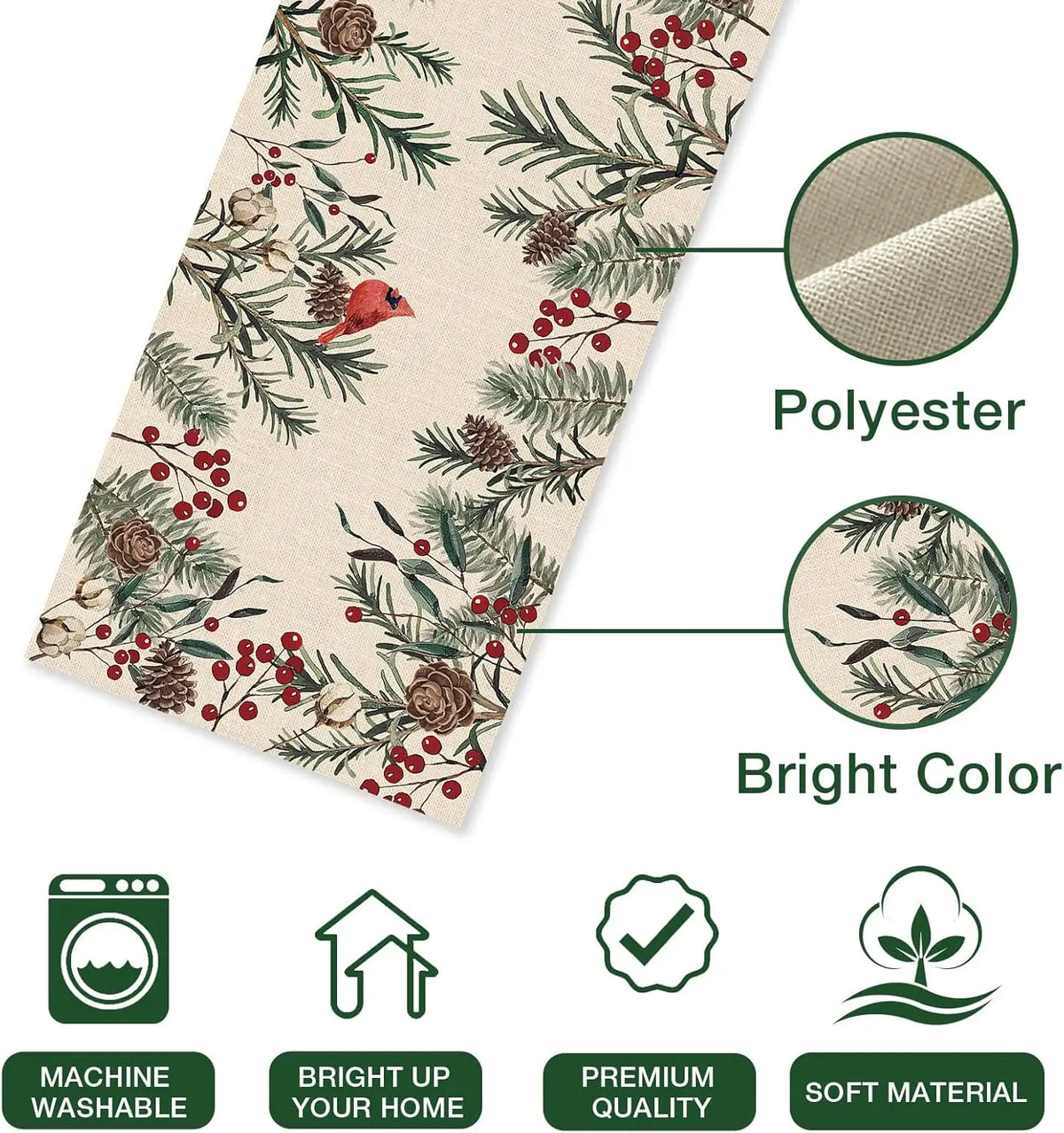 Christmas Pine Needle Linen Table Runner – Red Cardinal Bird & Winter Branch Design for Farmhouse Kitchen, Dining Table & Holiday Decor