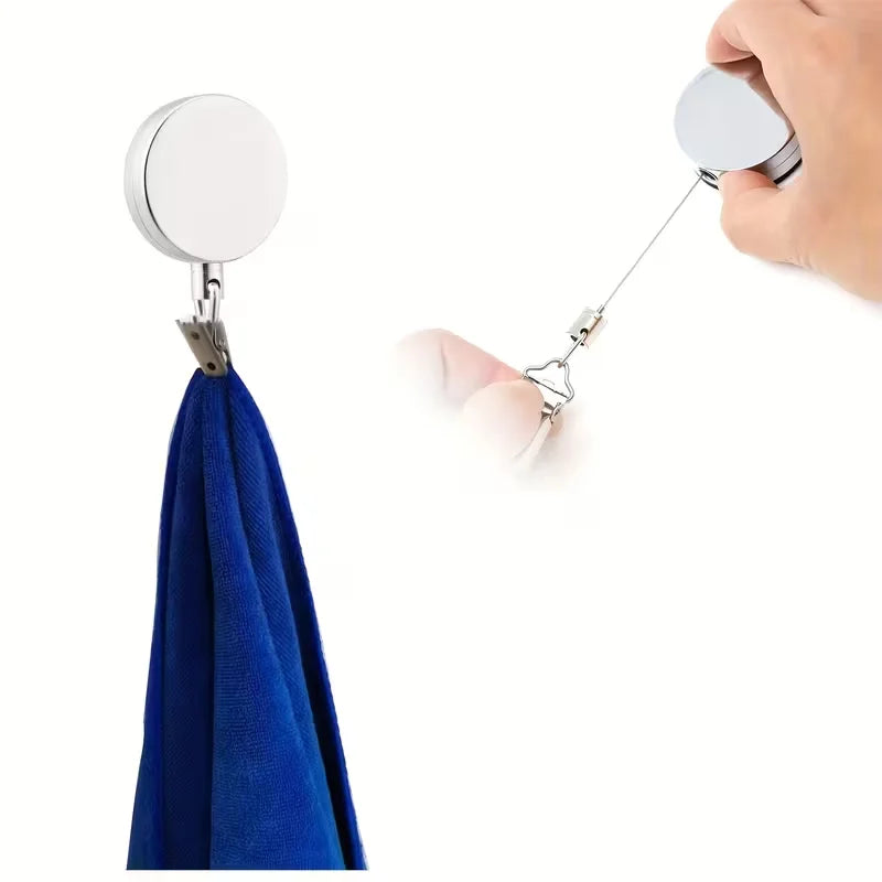 Toallero Automático Retráctil – Soporte de Toalla Adhesivo de Pared sin Perforaciones, Organizador Colgante de Rebote Automático con Clip Fuerte para Almacenamiento en Baño y Cocina