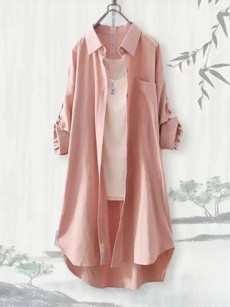 Plus Size Women's Long Sleeve Blouse – Breathable Loose Korean-Style Solid Color Casual Shirt