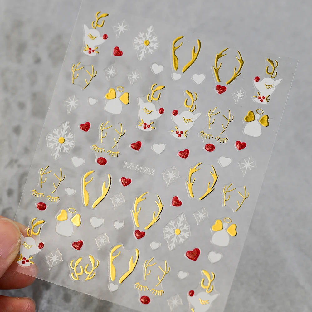 Christmas Nail Art Stickers – Red Glitter Snowflake, Elk & Snowman Self-Adhesive Holiday Manicure Decals (1–12pcs)