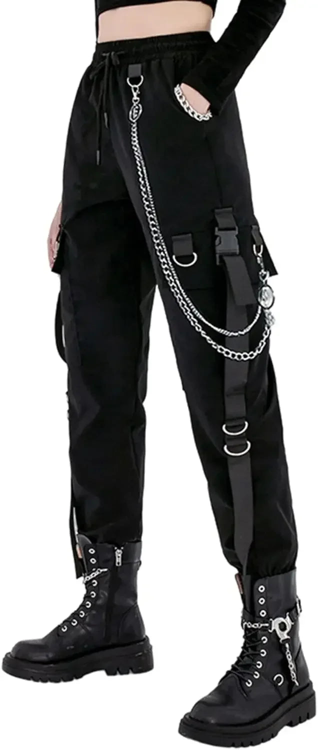 Pantalon Cargo Décontracté Noir pour Femmes Style Coréen Taille Haute Ample Hip Hop Jambe Droite Printemps Automne