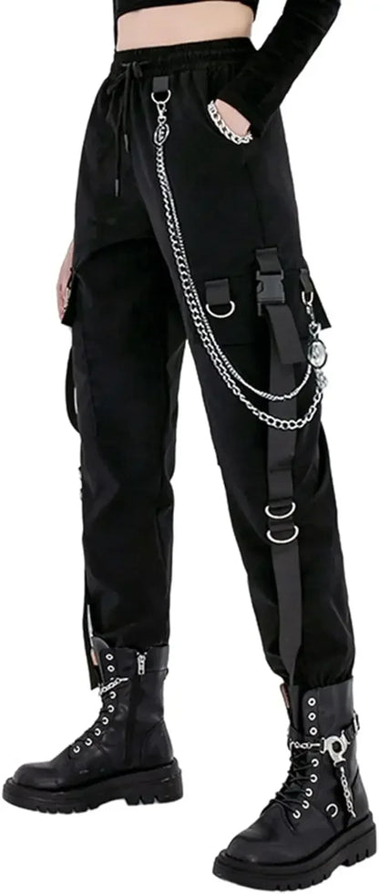 Pantalon Cargo Décontracté Noir pour Femmes Style Coréen Taille Haute Ample Hip Hop Jambe Droite Printemps Automne