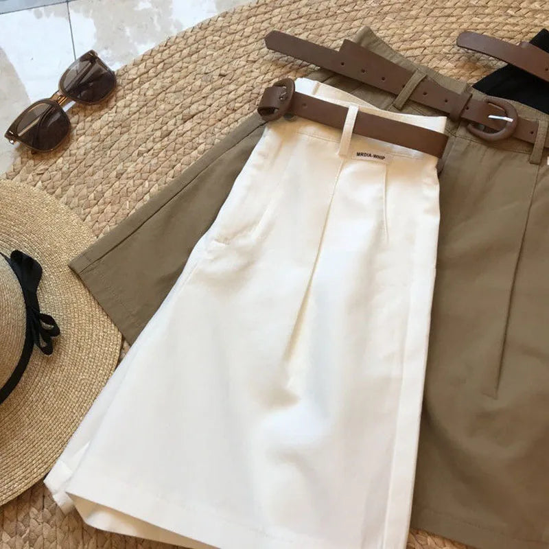 Women’s Wide Leg Shorts Summer Thin Cotton A-Line Zipper Office Lady Casual Loose Shorts