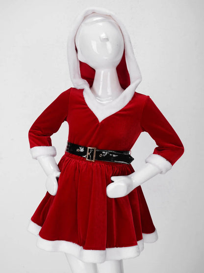 Little Girls Christmas Santa Claus Costume Dress, Hooded Velvet Princess Tutu Dress, Cute Xmas Party Cosplay Outfit for Holiday Celebrations, Dance Performances, Stage Shows and Festive Events