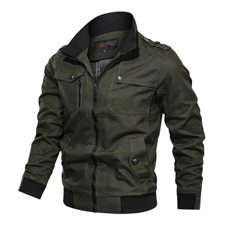 Men’s Cotton Bomber Jacket – Retro Casual Cargo Coat with Zipper Pockets, Pilot-Style Workwear Outerwear