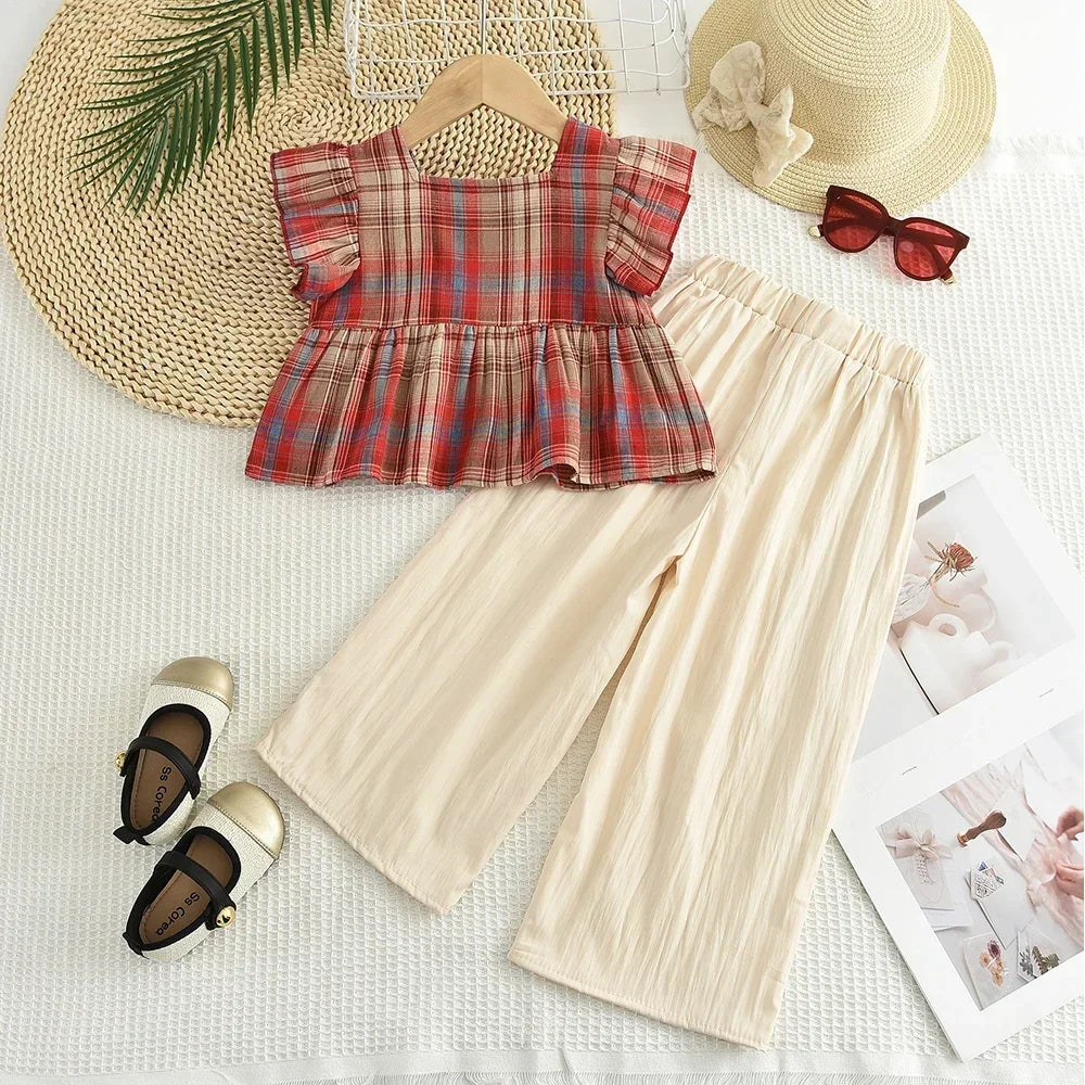 Girls Pink Checkered Two Piece Set – Square Collar Top & Wide Leg Pants Summer Outfit for Kids 3–10 Years