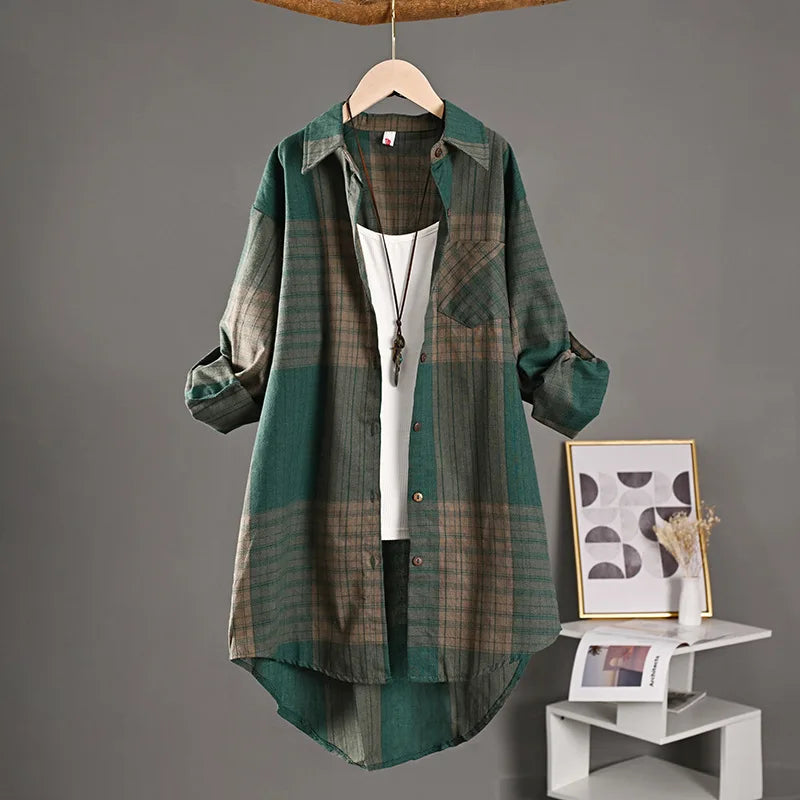 Women's Plaid Linen Shirt – Loose Retro Short-Front Long-Back Cardigan Cover-Up for Spring & Autumn