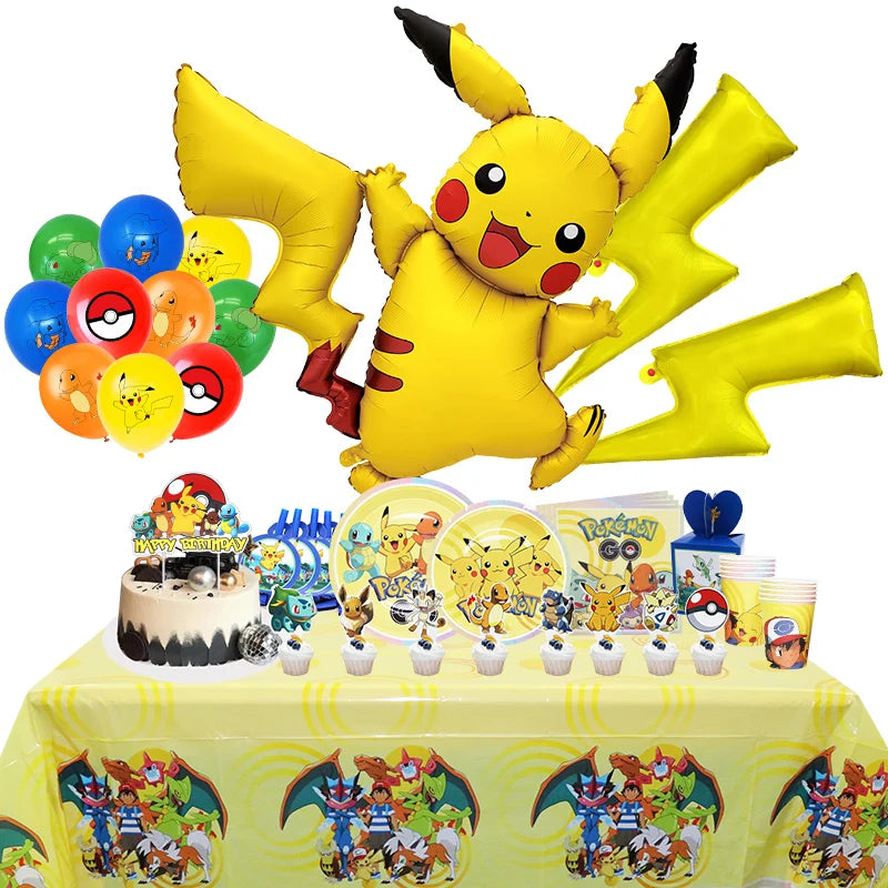 Pokémon Birthday Party Decorations – Lightning Pikachu Balloon Set with Disposable Tableware, Banner, Backdrop & Plates for Kids Events