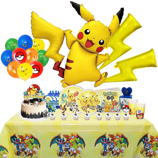 Decoraciones de cumpleaños de Pokémon - Set de globos de Pikachu relámpago con vajilla desechable, pancarta, telón de fondo y platos para eventos infantiles
