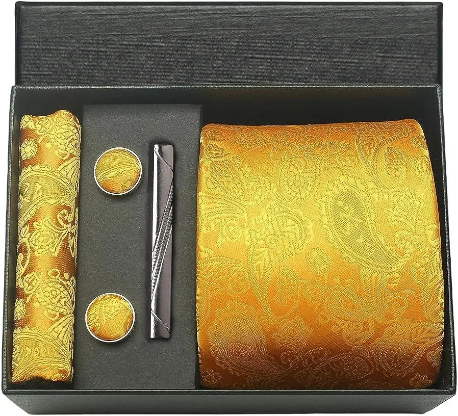 Corbata de seda 100% con diseño floral de Paisley para hombre con pañuelo de bolsillo, pasador de corbata y gemelos en caja de regalo