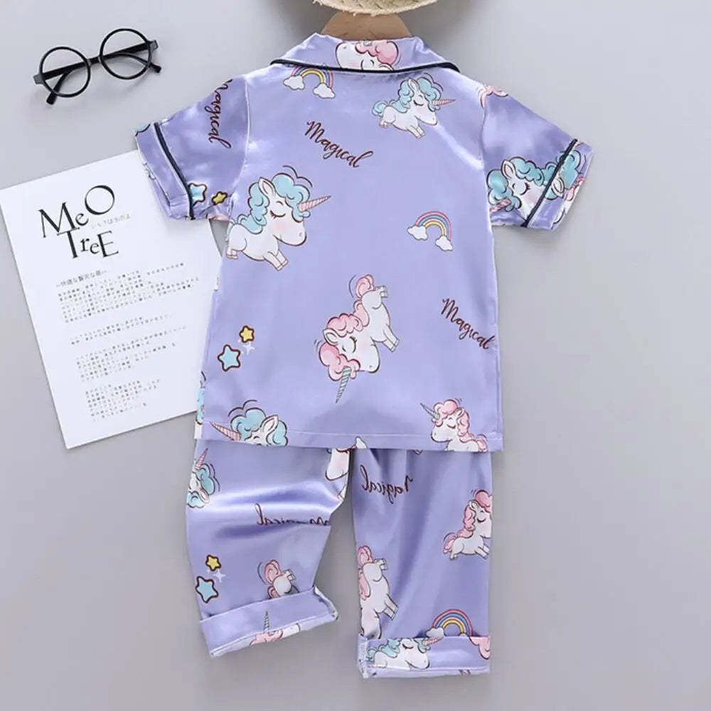 Conjunto de Pijama de Verano para Niñas – Conjunto de Pijama de Satén de Unicornio de Dibujos Animados de 2 Piezas | Ropa de Dormir Suave para Niños Pequeños con Aire Acondicionado