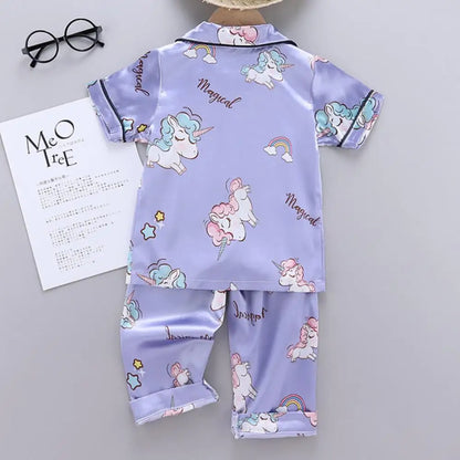 Conjunto de Pijama de Verano para Niñas – Conjunto de Pijama de Satén de Unicornio de Dibujos Animados de 2 Piezas | Ropa de Dormir Suave para Niños Pequeños con Aire Acondicionado