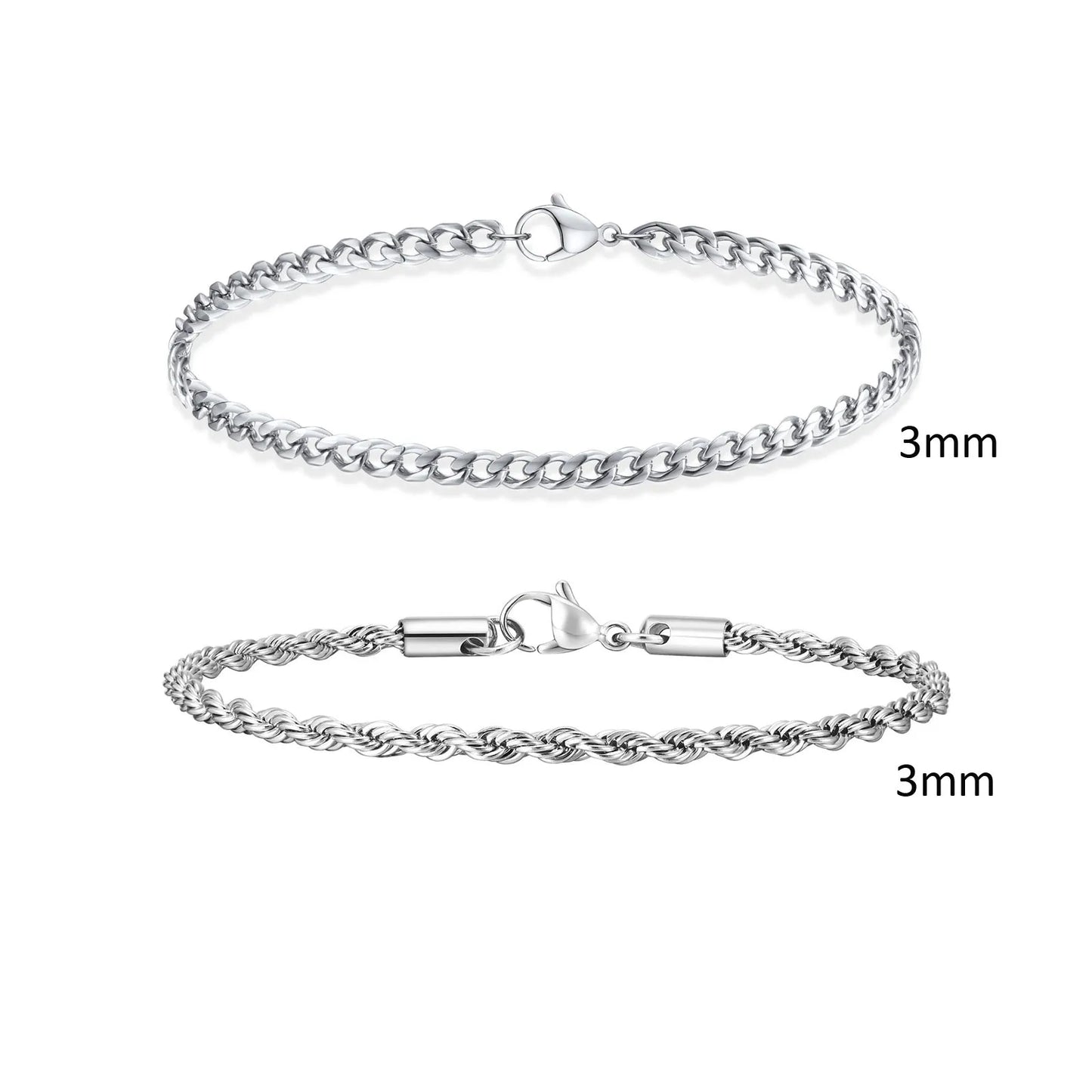 2-Piece Men's Chain Bracelet Set – Stainless Steel Twist Rope & Cuban Link Wristbands in Silver, Gold & Black | Fashion Jewelry Gift