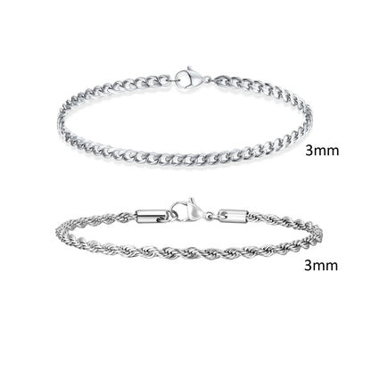 2-Piece Men's Chain Bracelet Set – Stainless Steel Twist Rope & Cuban Link Wristbands in Silver, Gold & Black | Fashion Jewelry Gift