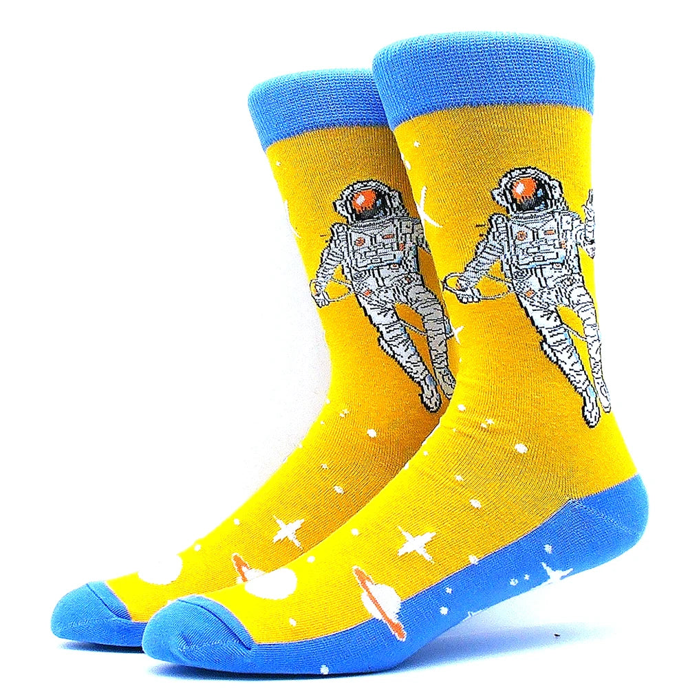 Funny Colorful Hip Hop Socks – Combed Cotton Animal, Astronaut & Geometric Print Socks for Men & Women, Business Dress Wear