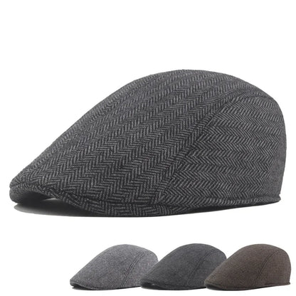 Men's Wool Beret Hat – Herringbone Flat Cap for Autumn & Winter, Classic Artist Painter Style Hat for Men