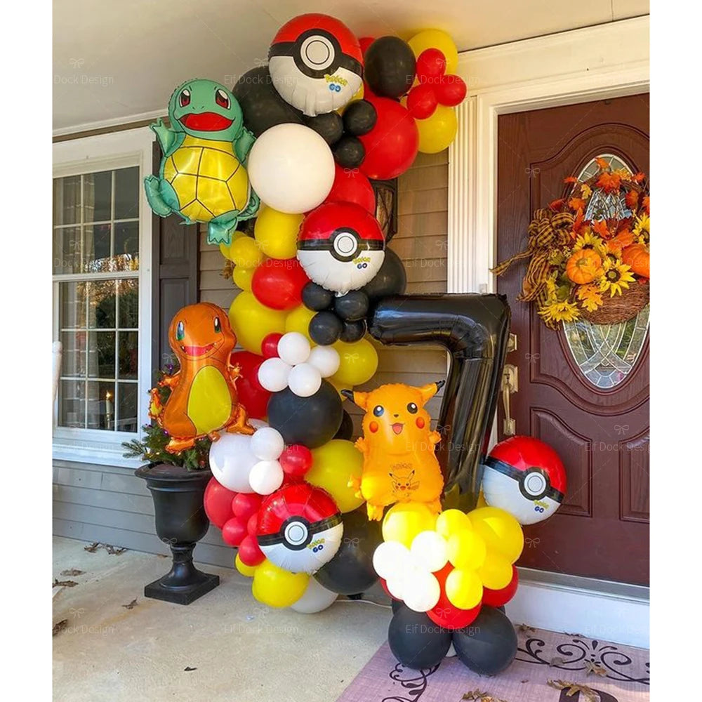 77pcs Pokémon Pikachu & Squirtle Balloon Garland Set – Red, Black & Yellow Latex Balloons for Kids Birthday Party & Baby Shower Decorations
