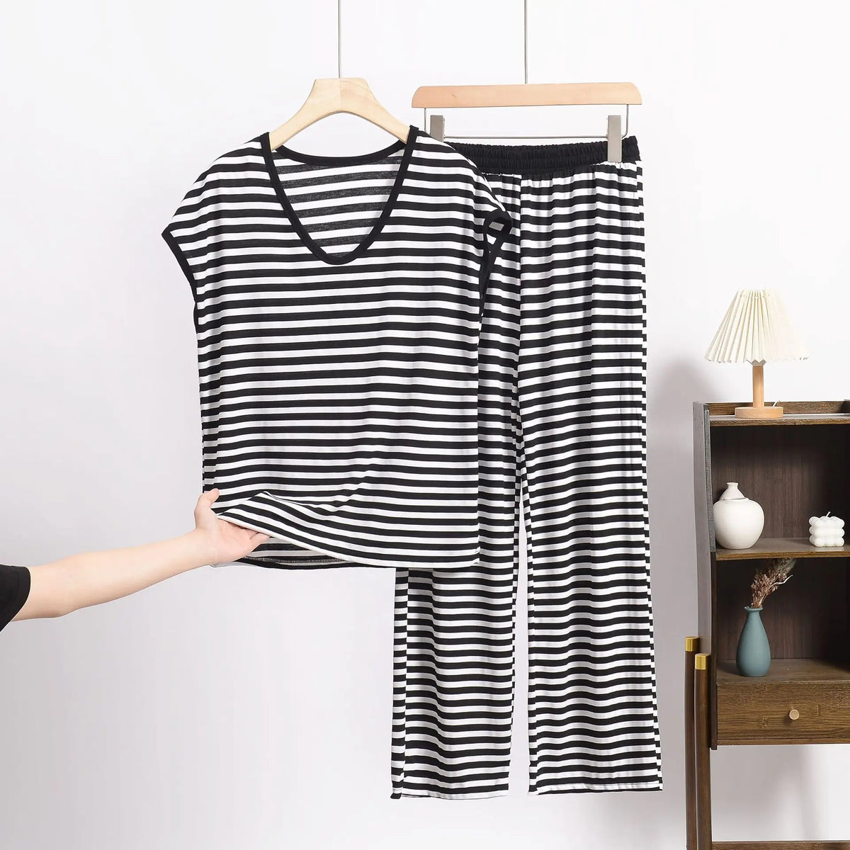 XL-8XL Plus Size Modal Pajama Set – 2PCS Short-Sleeve Striped T-Shirt & Pants, Lightweight Summer Loungewear for Home & Sleep