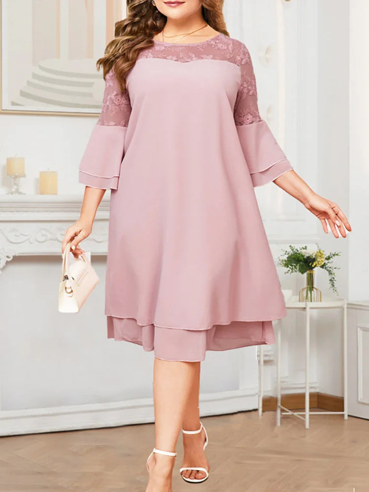 GIBSIE Plus Size Women's Chiffon Midi Dress – Elegant Embroidered Mesh Patchwork O-Neck Flared Sleeve Layered Dress