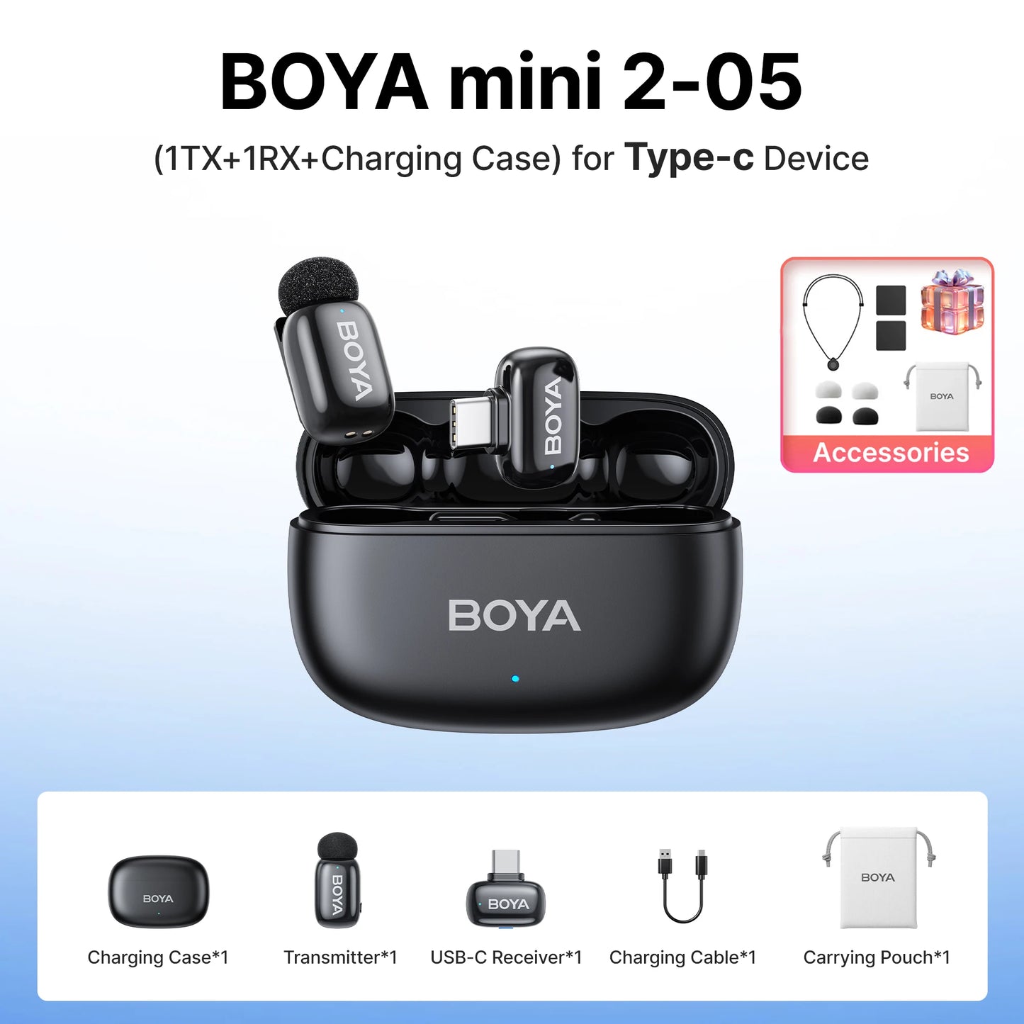 BOYA Mini 2 Wireless Lavalier Microphone – Mini Clip-On Mic with AI Noise Reduction for iPhone, Android & USB-C Video Recording
