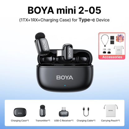 BOYA Mini 2 Wireless Lavalier Microphone – Mini Clip-On Mic with AI Noise Reduction for iPhone, Android & USB-C Video Recording