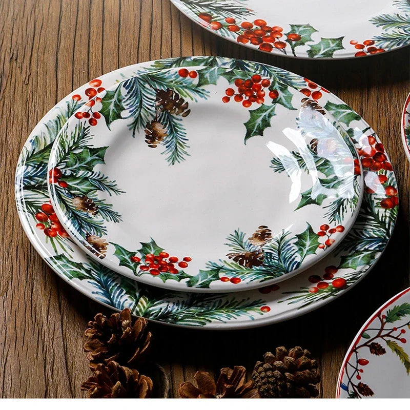 Christmas Ceramic Dinner Plate Set – Round Underglaze Flat Plates for Dim Sum, Sushi, Dining & Decorative Tableware