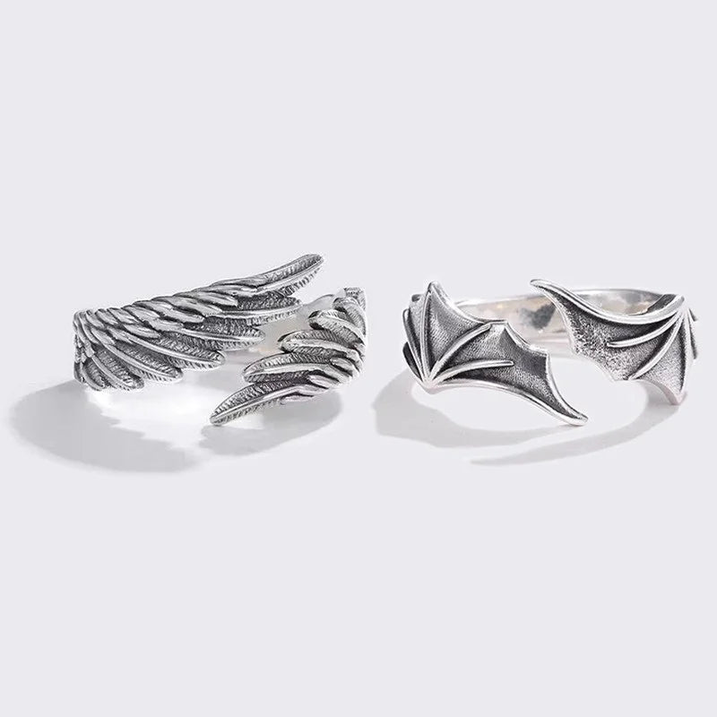 Vintage Angel & Demon Wing Adjustable Couple Ring – Retro Silver Gothic Punk Open Band Ring for Men & Women